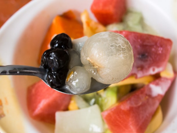 fruit salad with lychee watermelon and tapioca balls