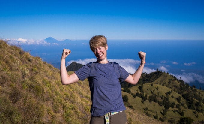 woman hiking at mount rinjani indonesia