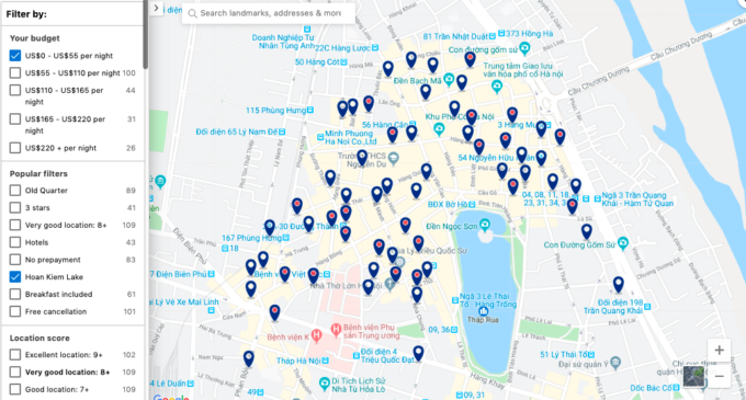 map view of hanoi hotels on booking.com