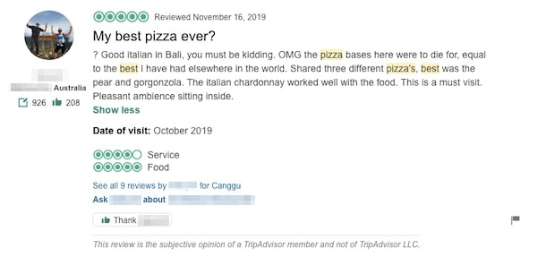 trip advisor review about the best pizza in the world